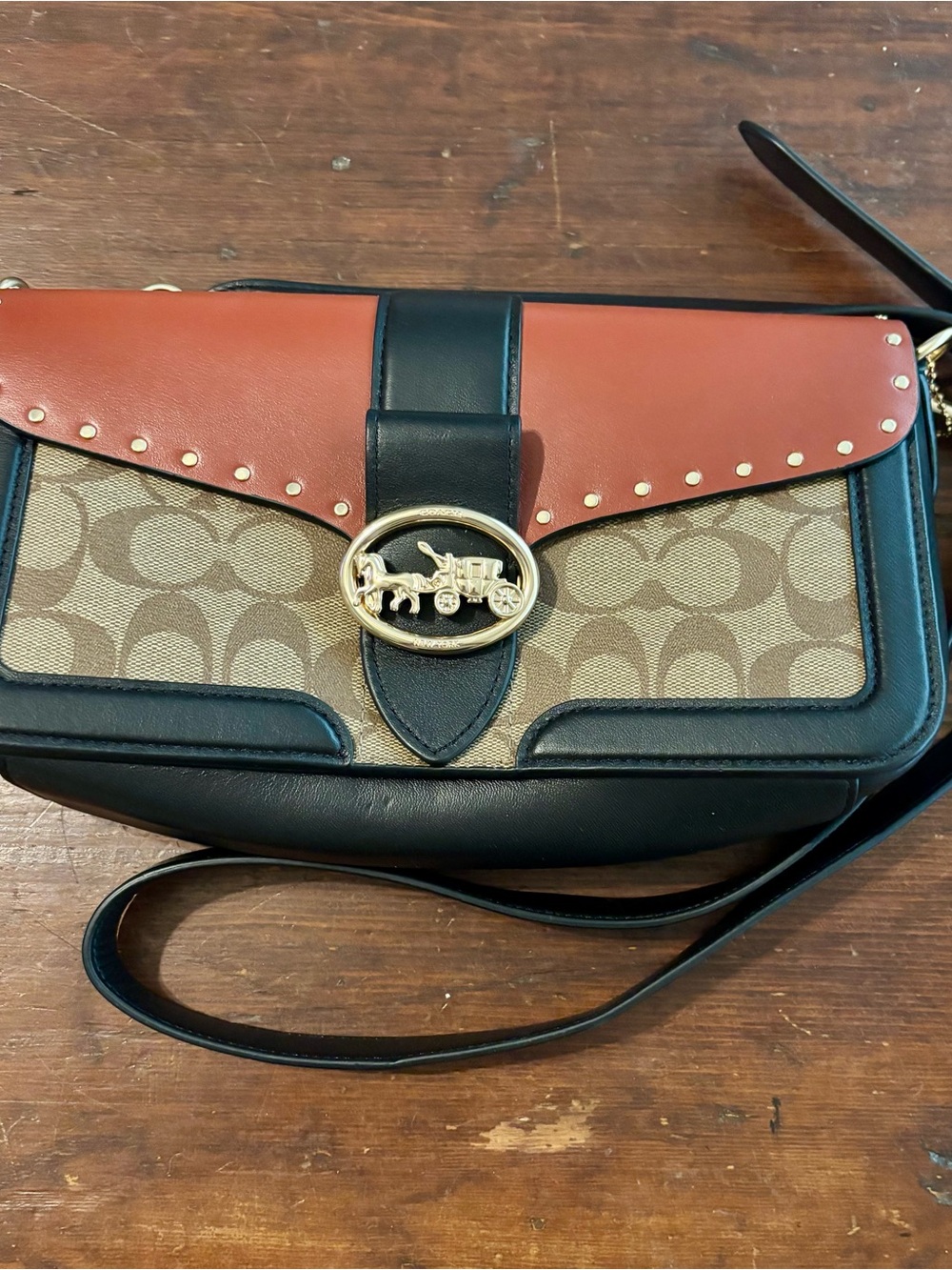 Coach Two-Tone Signature Canvas Crossbody in Brown, Black & Tan.